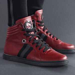 Gucci Silverstone NS Nylon High 'Red' Viaggio Leather Stripe Collection $890